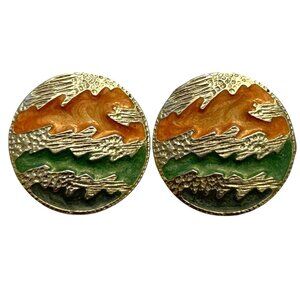 Vintage Round Abstract Enamel Silver-Tone Earrings With Orange & Green Design
